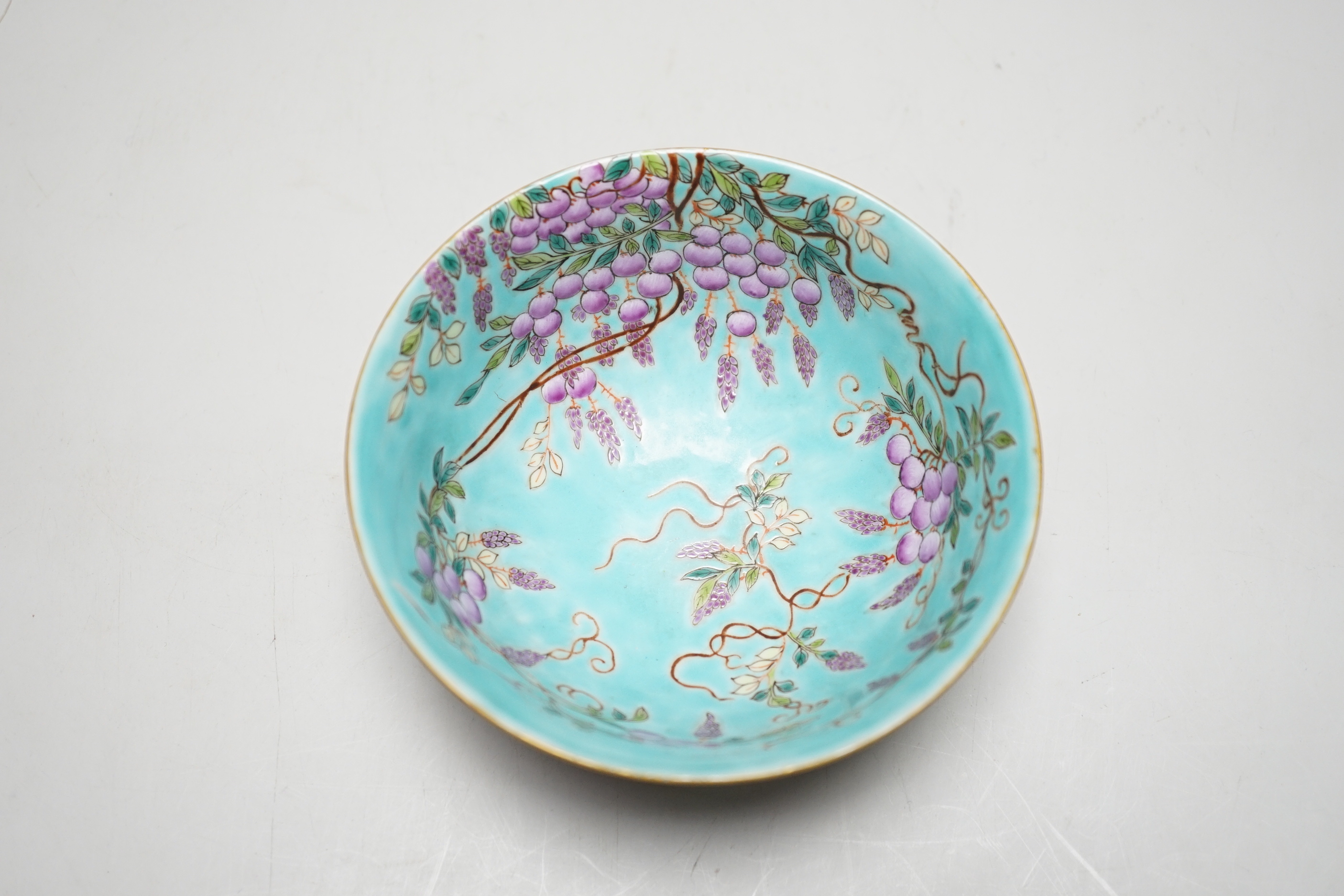 A Chinese turquoise ground famille rose bowl, 12cm diameter